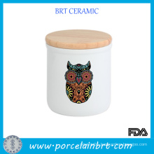 Owl Printing Ceramic Candle Jars with Wooden Lids
